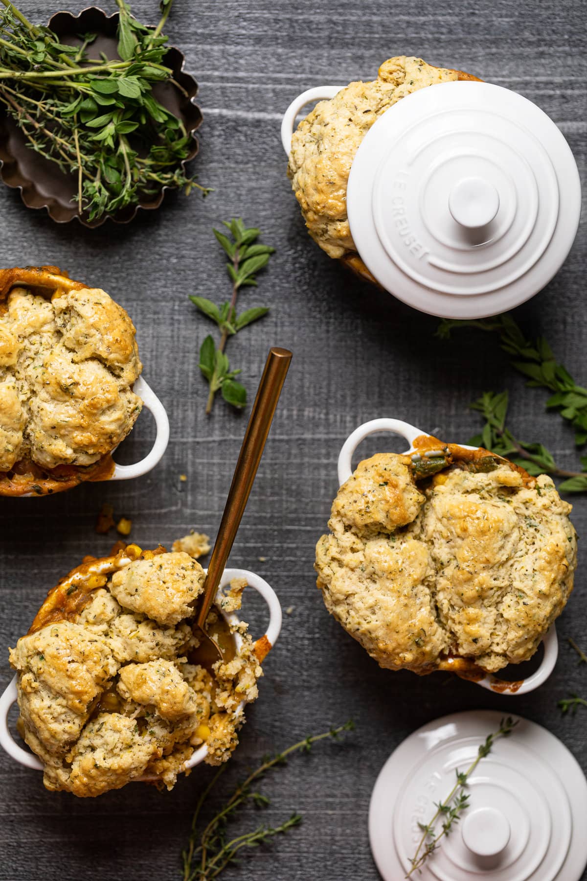 Mini ramekins of Vegan Pot Pie the best vegan comfort food.