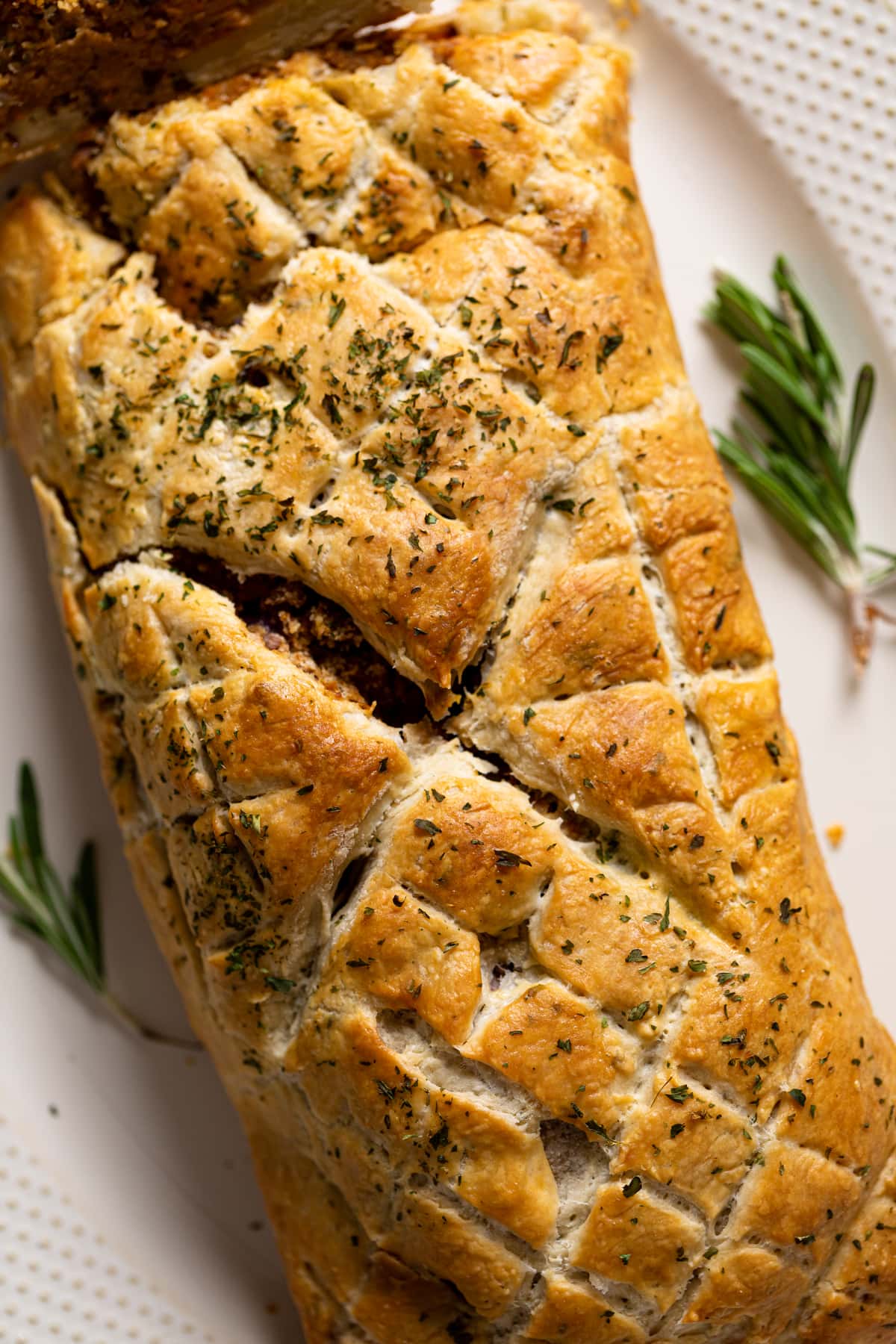 Closeup of the top crust of Vegan barbeque Wellington