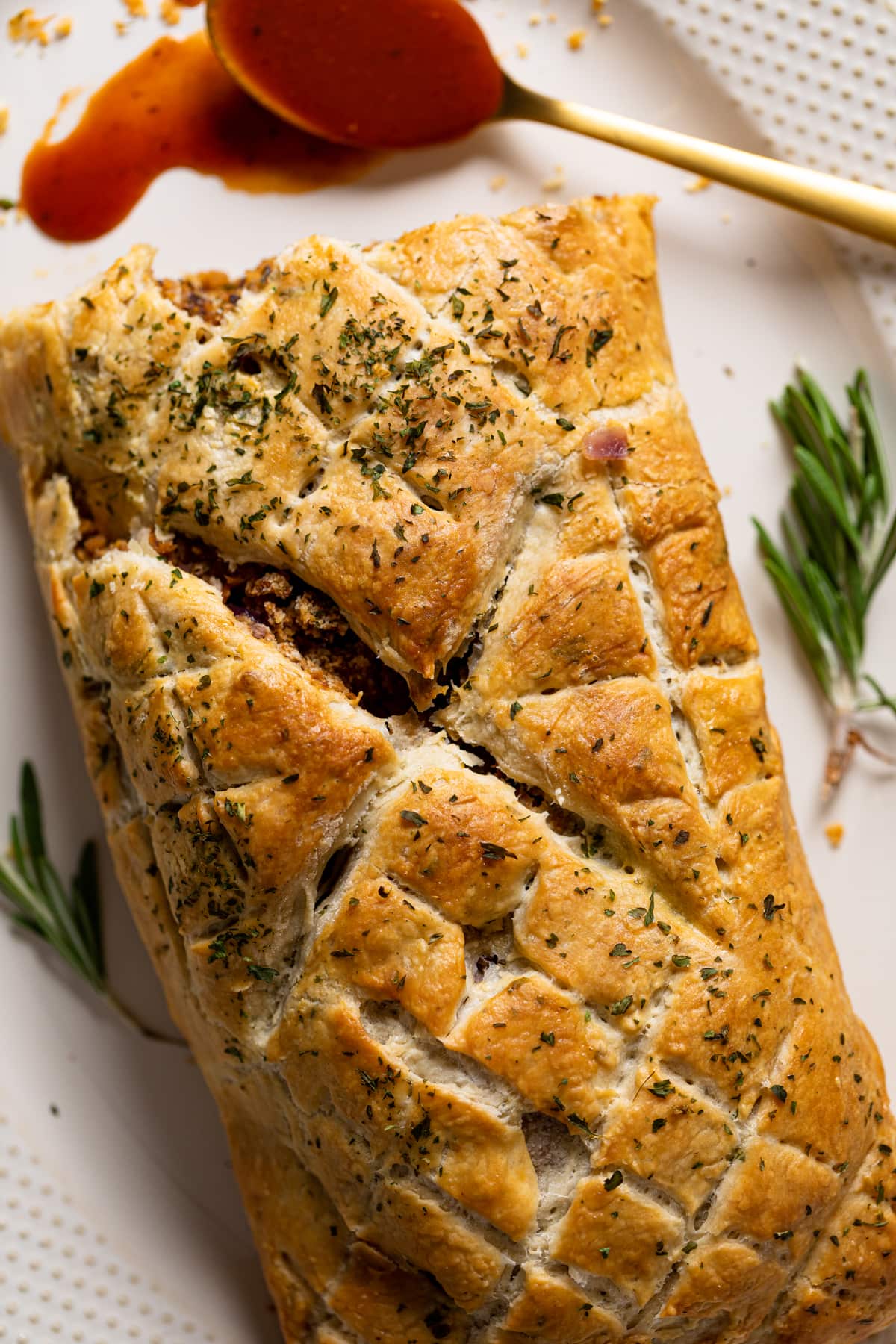 Closeup of the top crust of Vegan barbeque Wellington