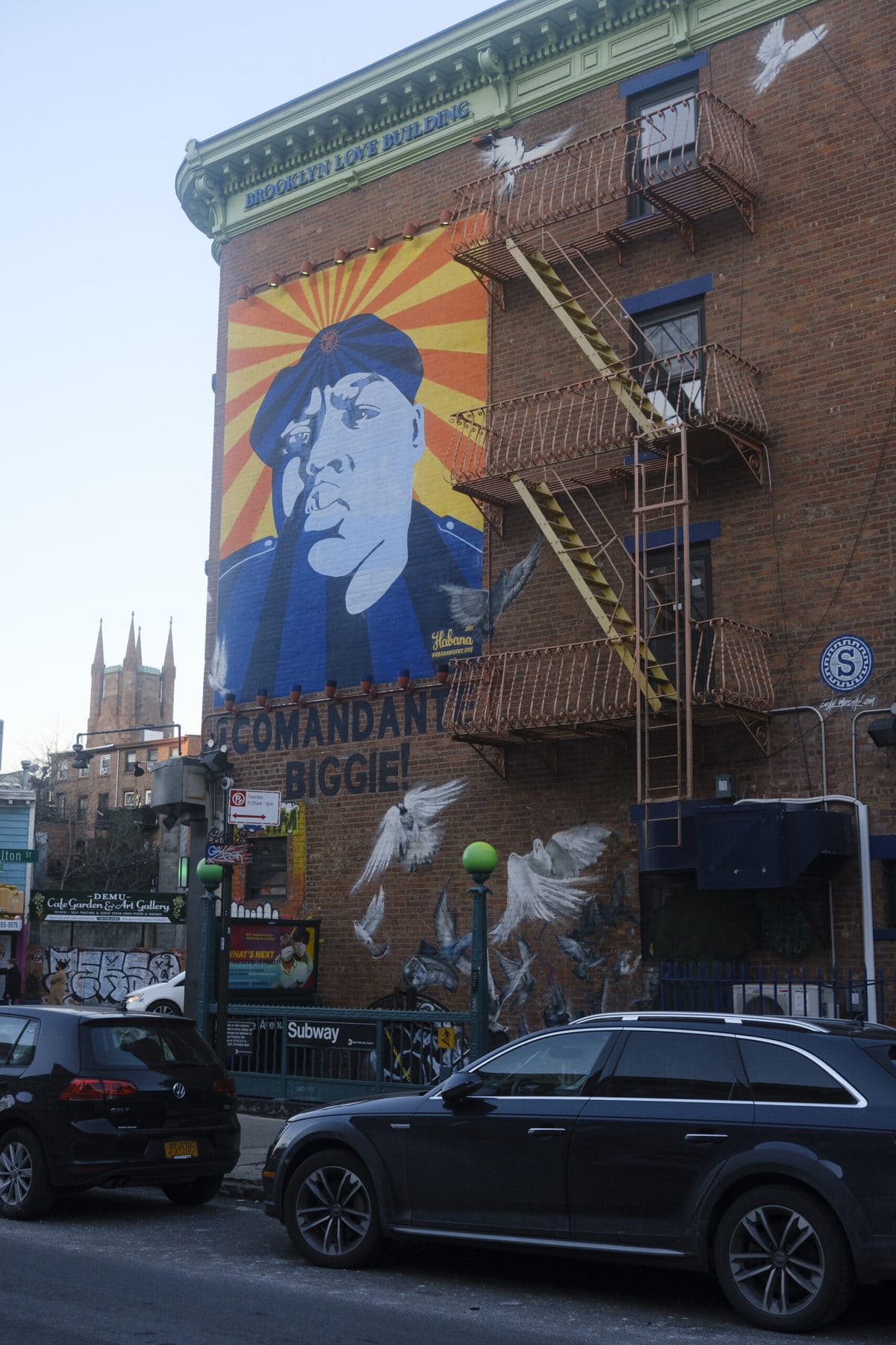 Large painting of Biggie on the side of the Brooklyn Love Building
