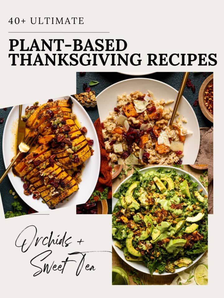 Collage of plant-based recipes for Thanksgiving.