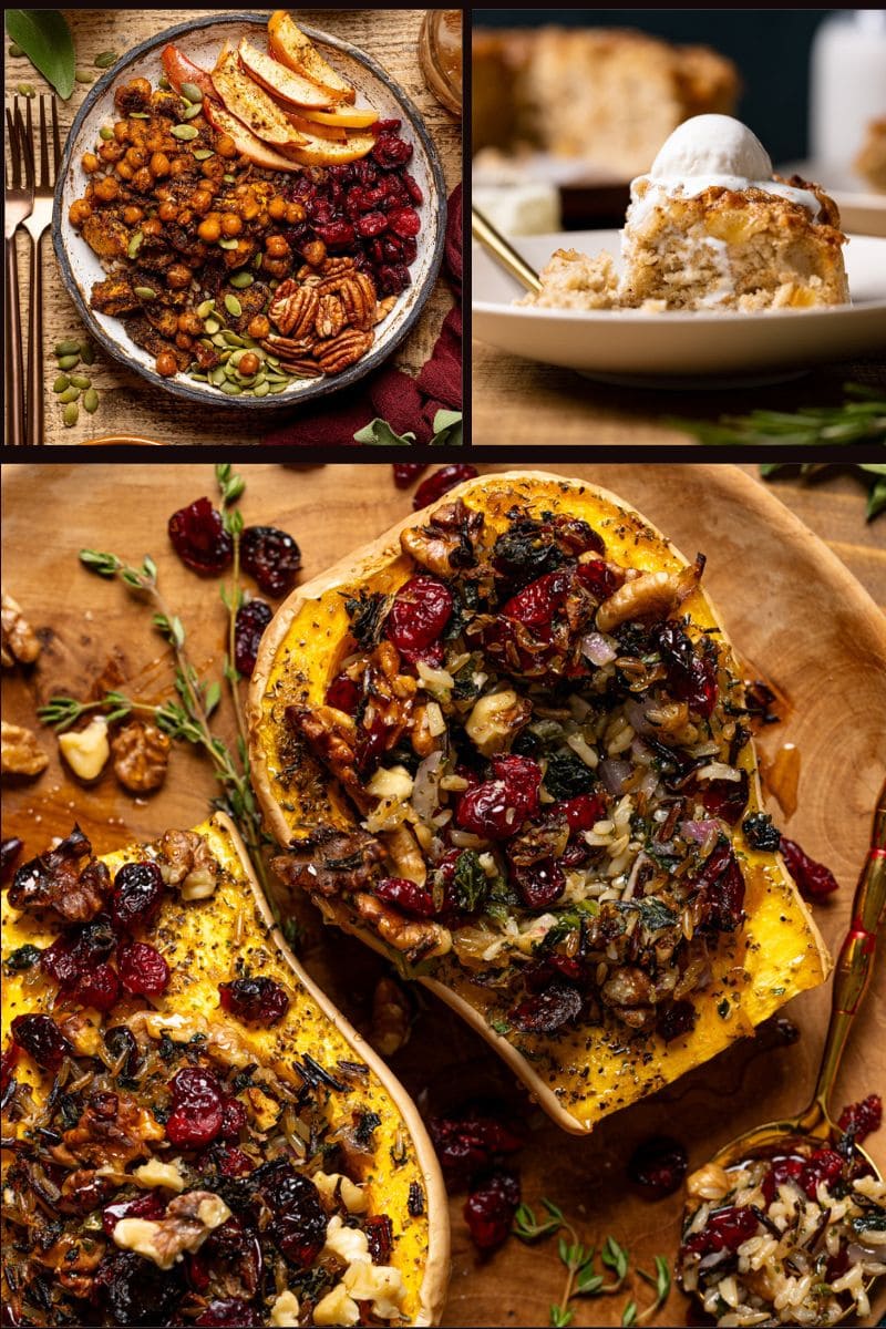 Collage of plant-based recipes for Thanksgiving.