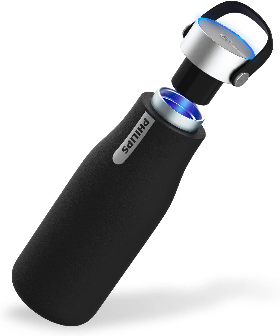 Black self-cleaning smart water bottle with the top off