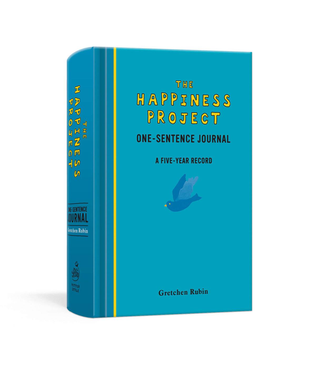 Blue book called \"The Happiness Project One-Sentence Journal\"