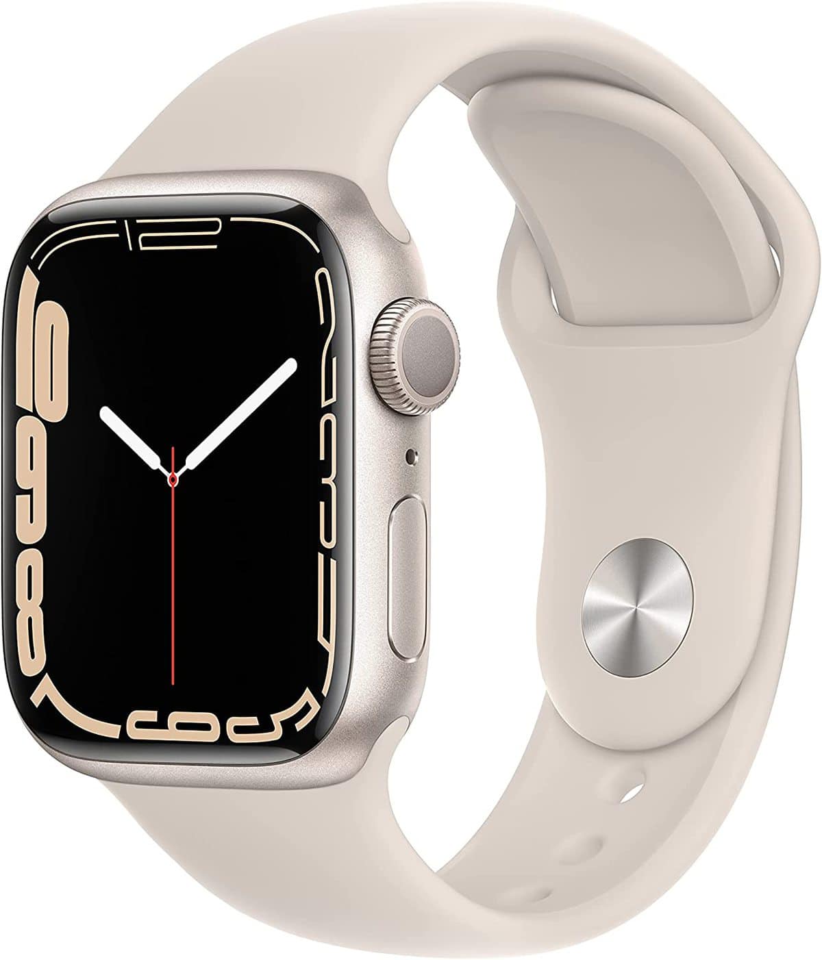 White Apple watch showing an analog face