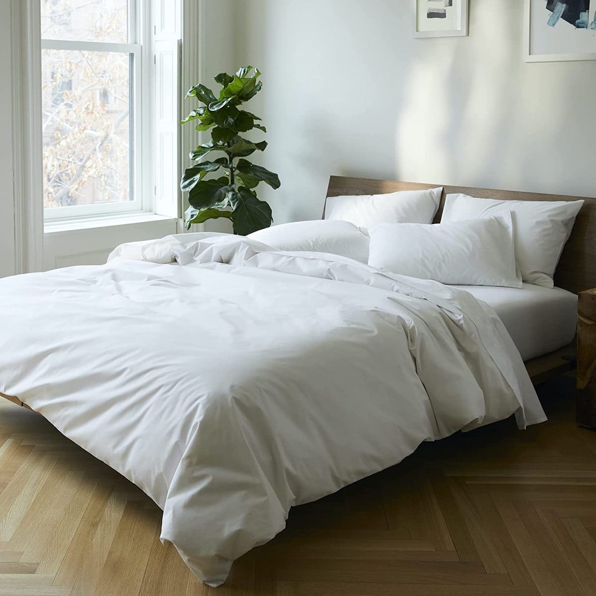 Bed set with white Brooklinen Luxe sheets