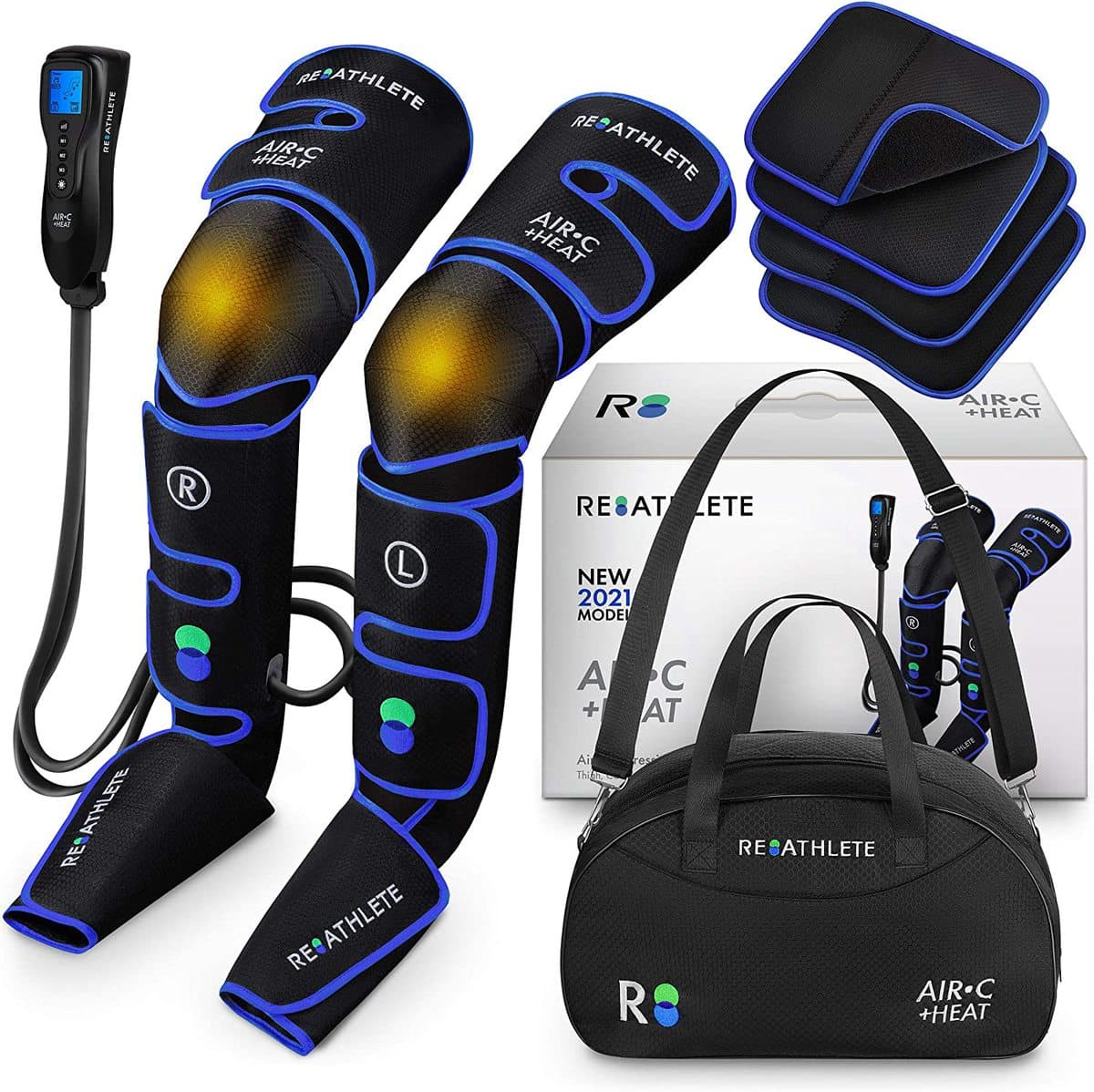 Blue and black Reathelete leg air compressor massagers