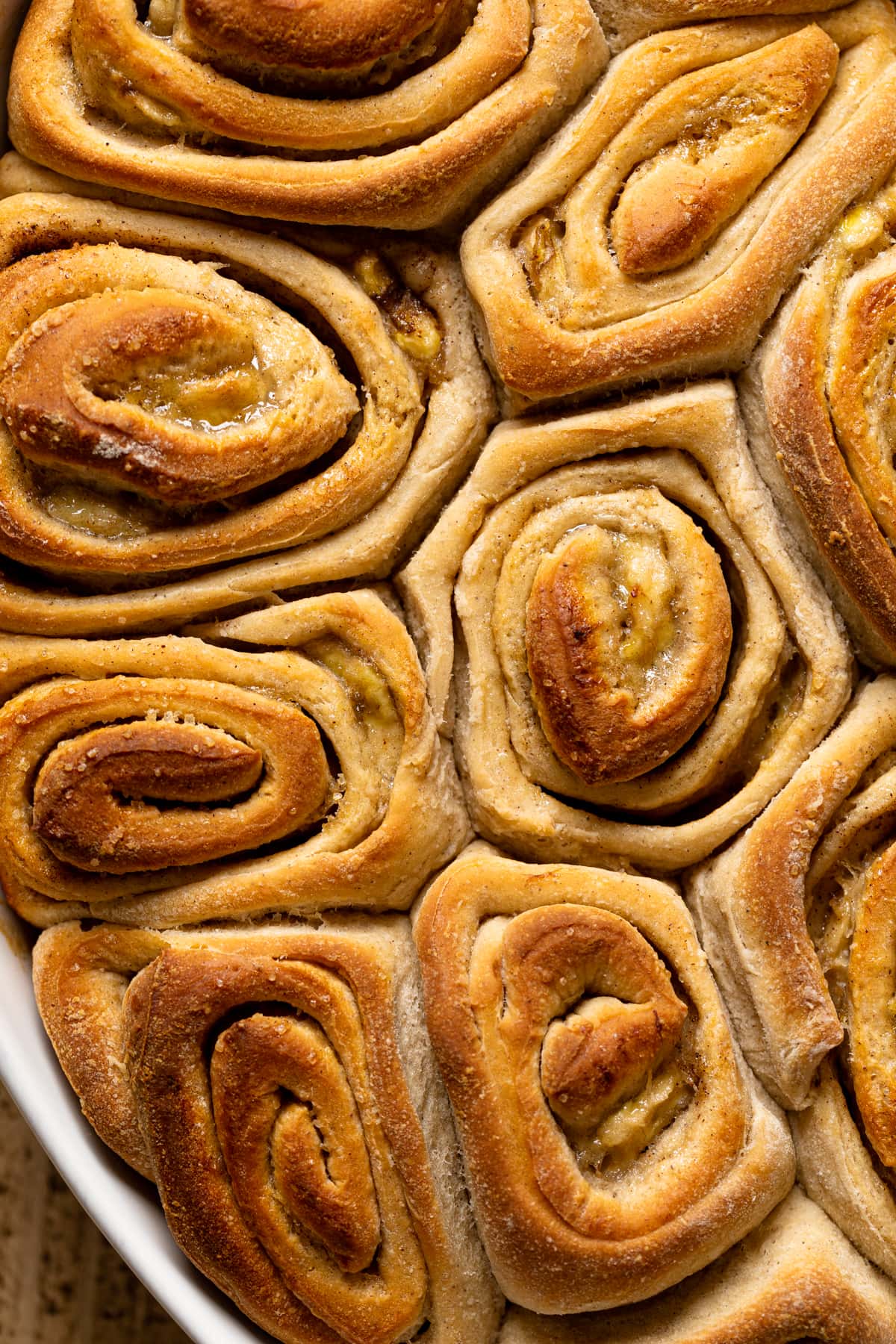 Closeup of cooked Banana Bread Cinnamon Rolls