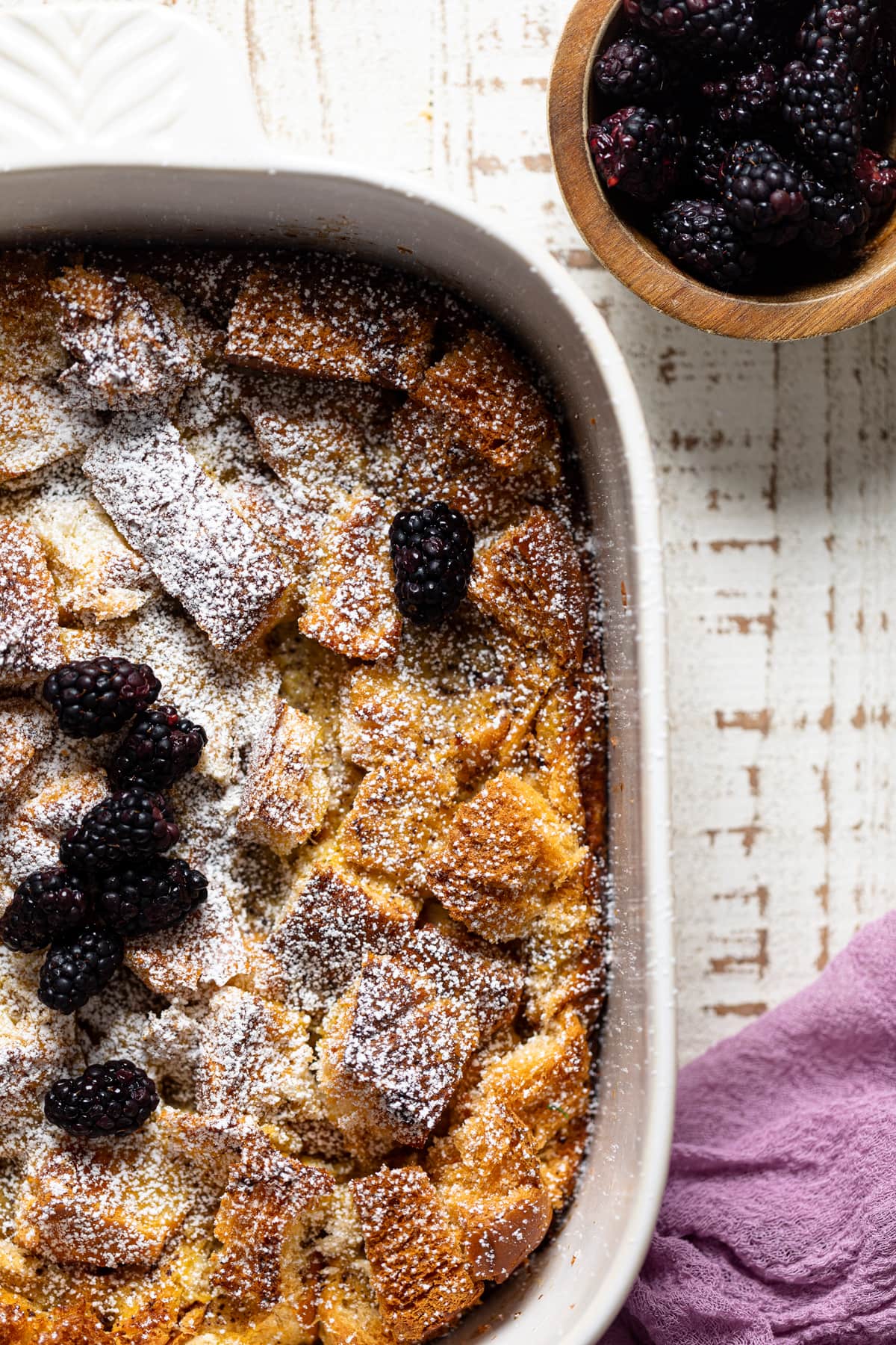 Baking pan of Cinnamon Brown Butter French Toast Casserole