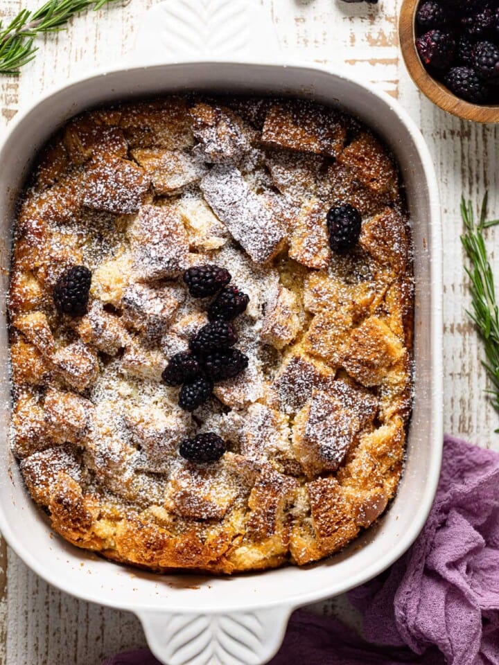 Overhead shot of Cinnamon Brown Butter French Toast Casserole