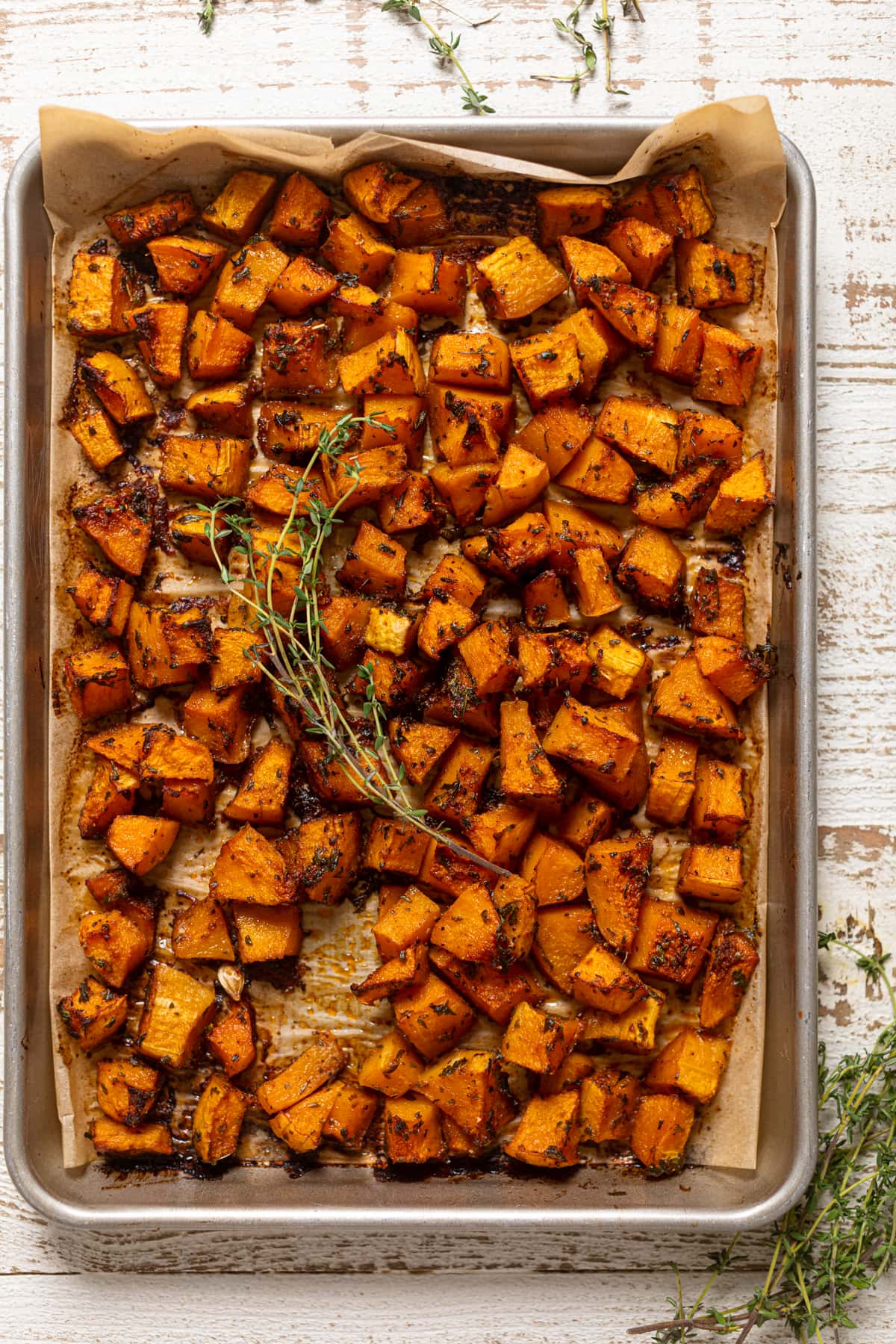 Roasted Butternut Squash on a baking sheet