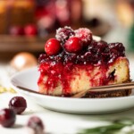 Slice of White Chocolate Cheesecake with Cranberries on a small plate with a fork