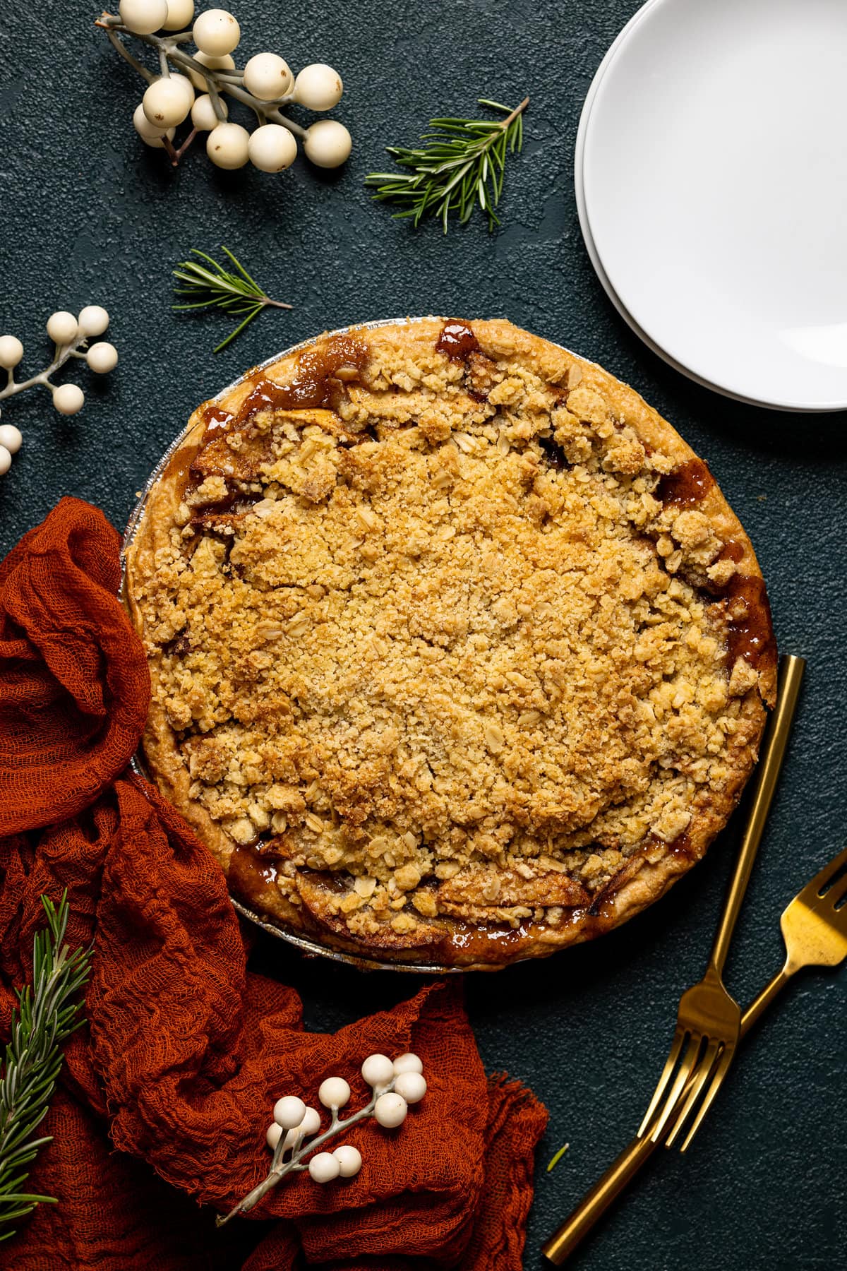 Overhead shot of a cooked Dutch Apple Pie