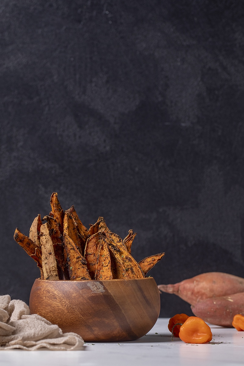 Wooden bowl of sweet potato fries