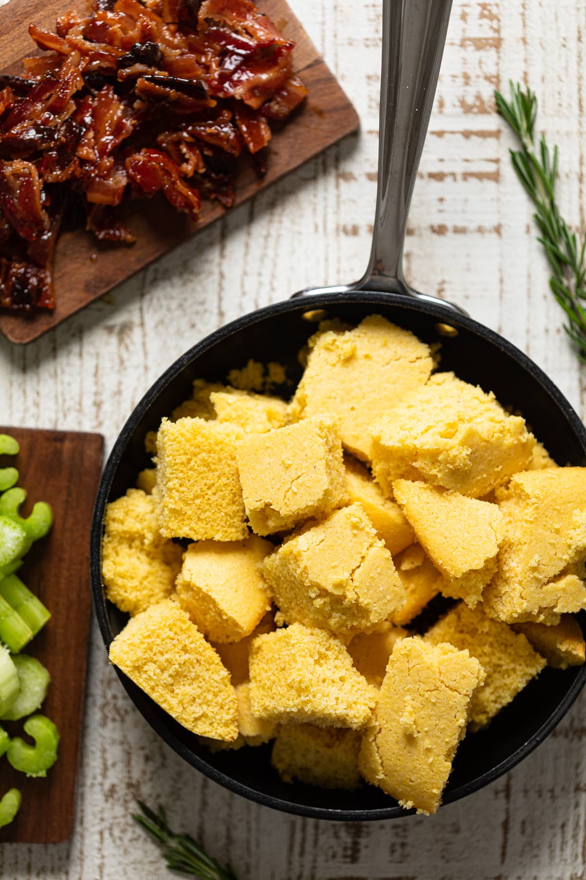 Chopped bacon, celery, and cornbread