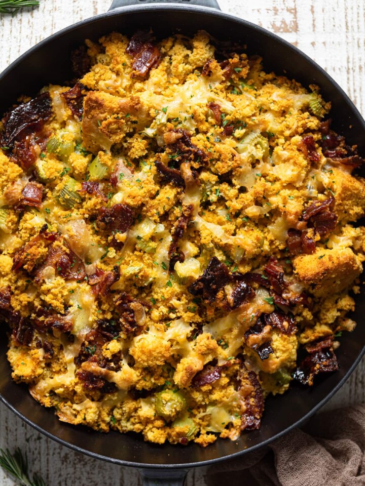 Southern-Styled Cornbread Stuffing in a skillet