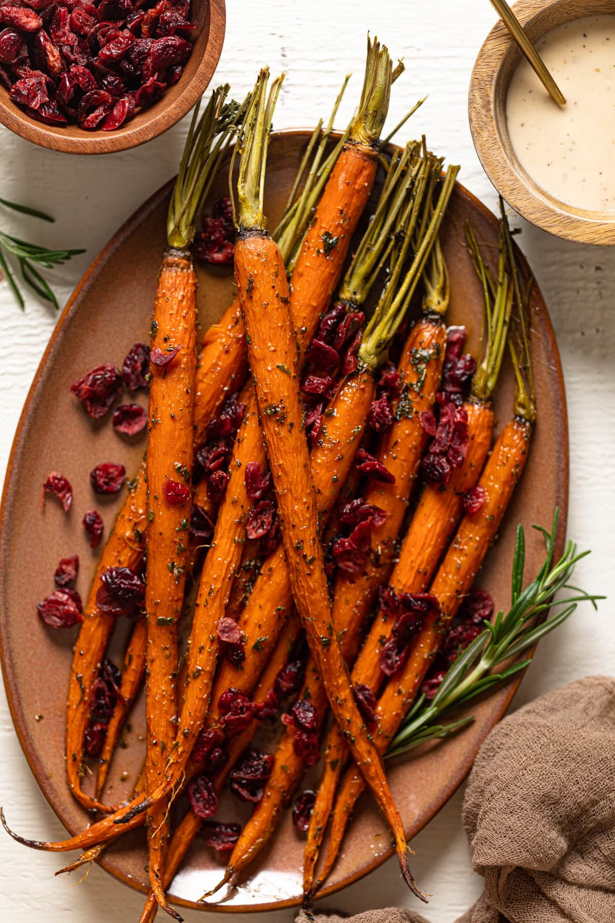 Overhead view of roasted carrot recipe on a serving platter