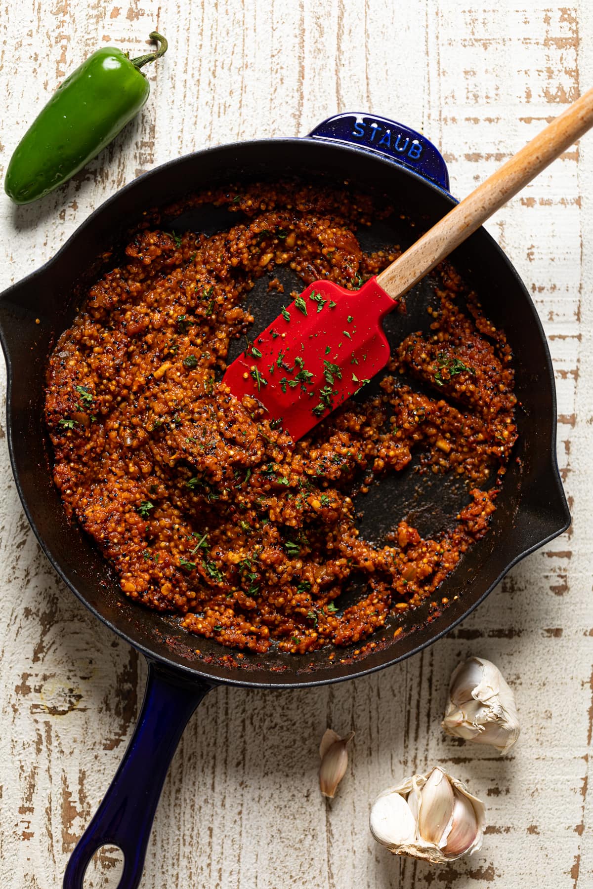 Skillet of seasoned quinoa