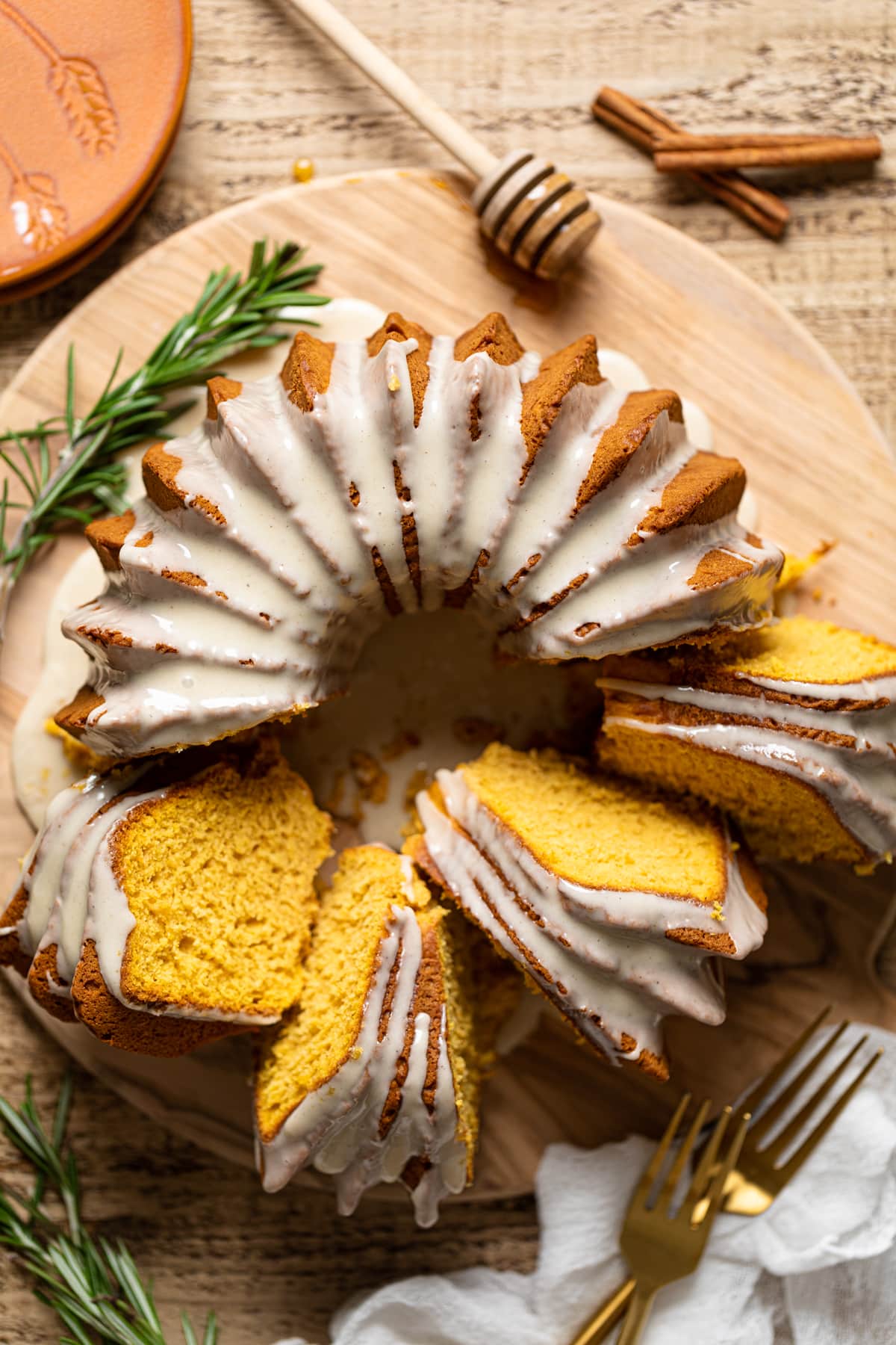 Partially-sliced Sweet Potato Bundt Cake with Maple Glaze