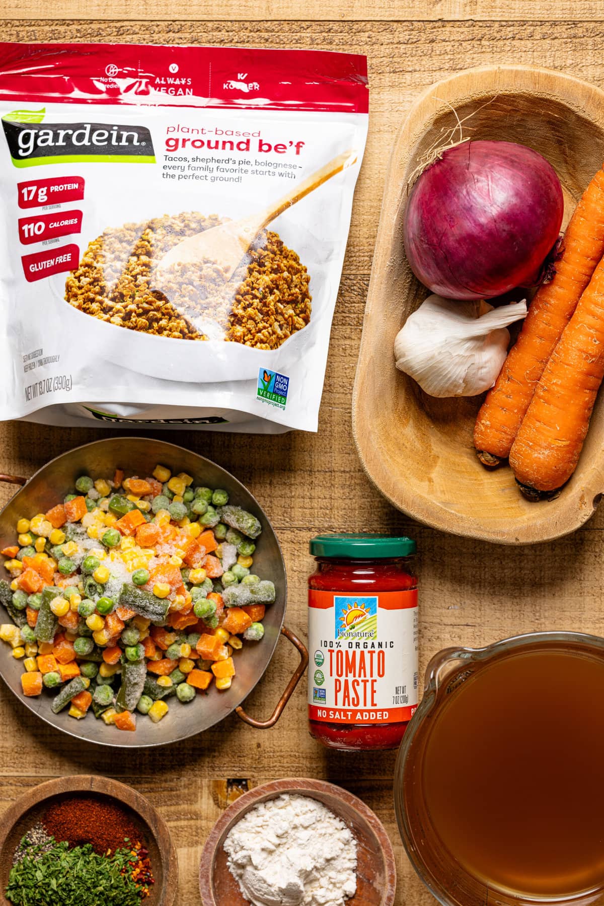 Ingredients on a brown wood table. 