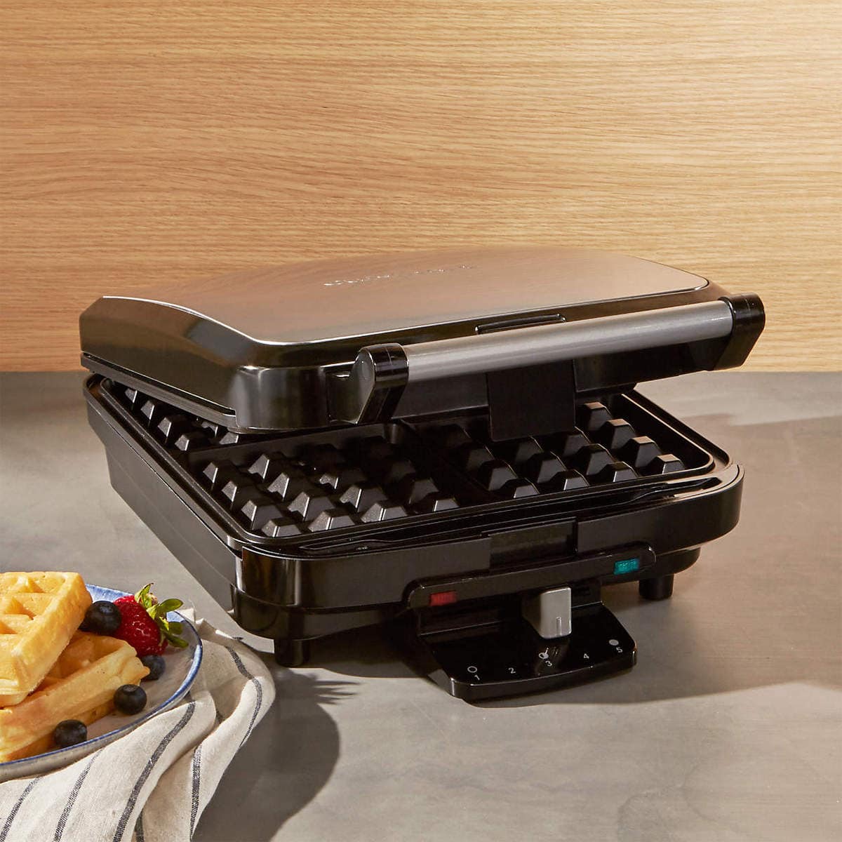 Partially-opened Cuisinart Belgian waffle maker