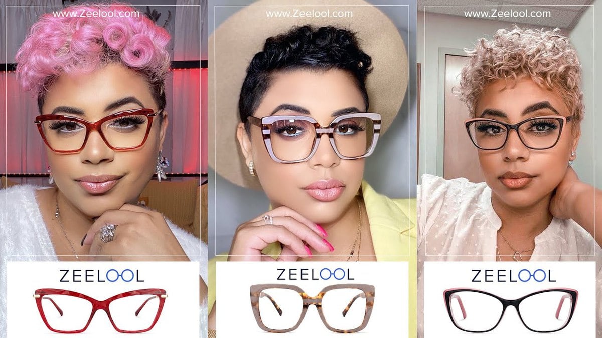 Woman modeling three different pairs of glasses from Zeelool