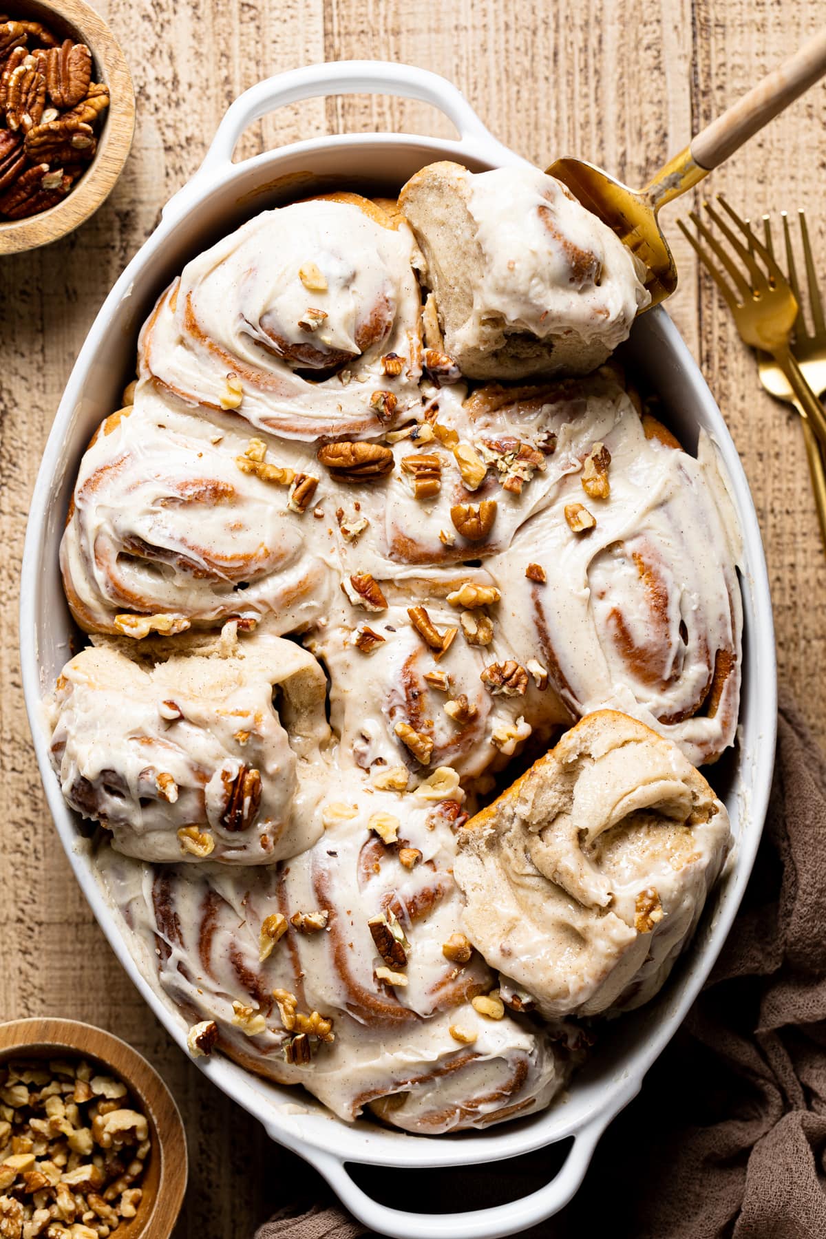 Overhead shot of Banana Bread Cinnamon Rolls with Maple Cream Cheese Frosting