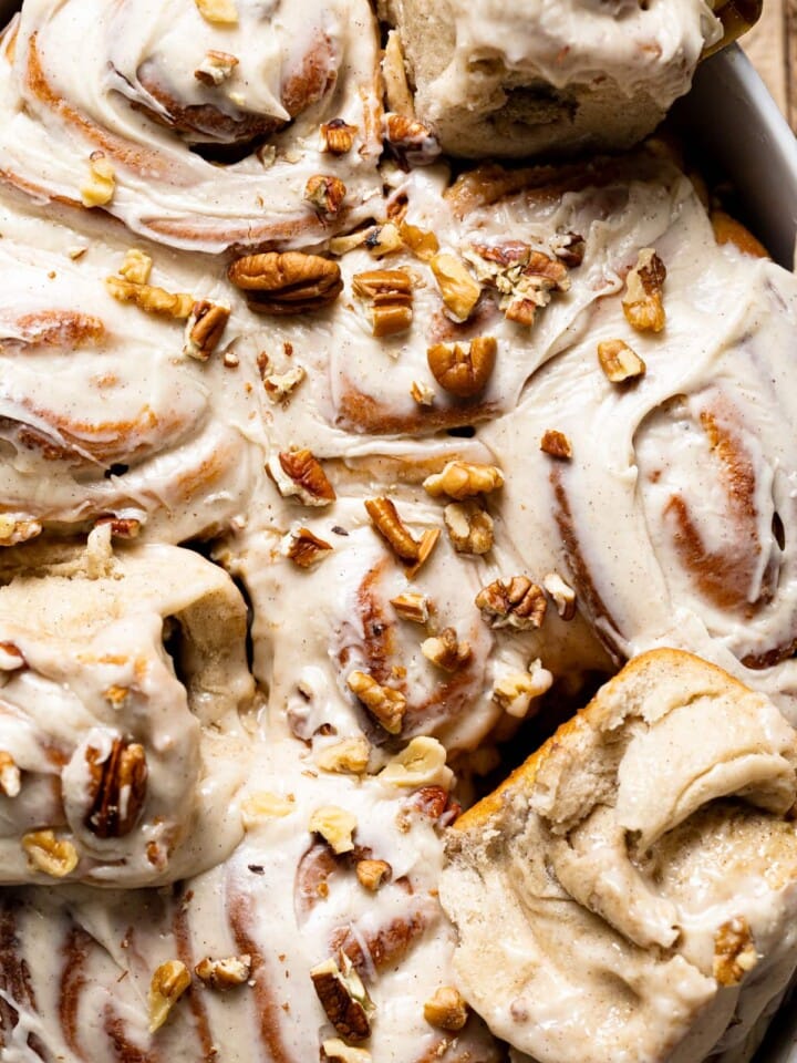 Closeup of Banana Bread Cinnamon Rolls with Maple Cream Cheese Frosting