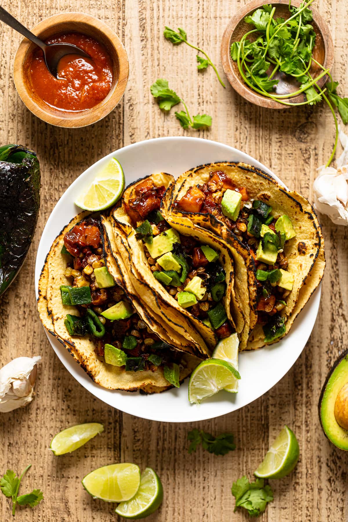 Overhead shot of three Chipotle barbeque Butternut Squash Tacos