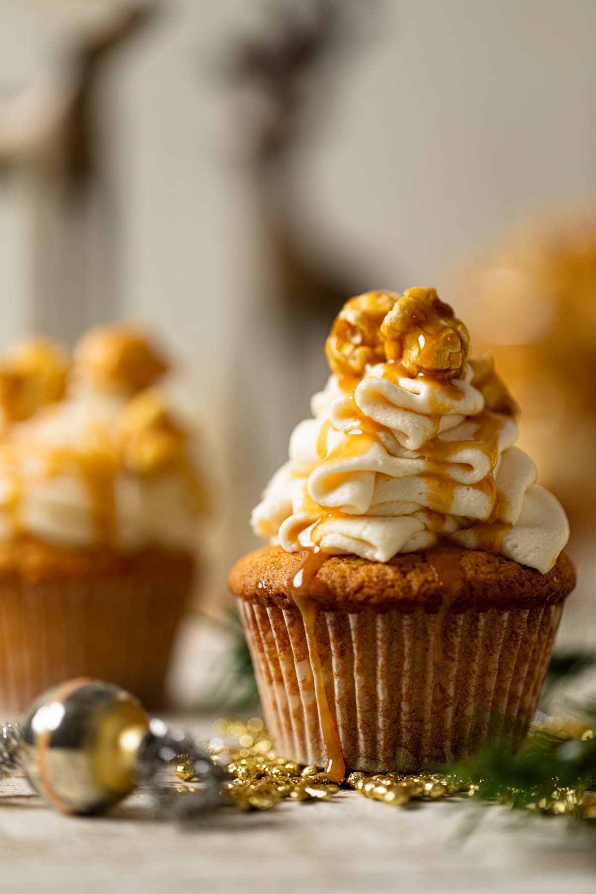 Caramel Eggnog Cupcake topped with caramel popcorn