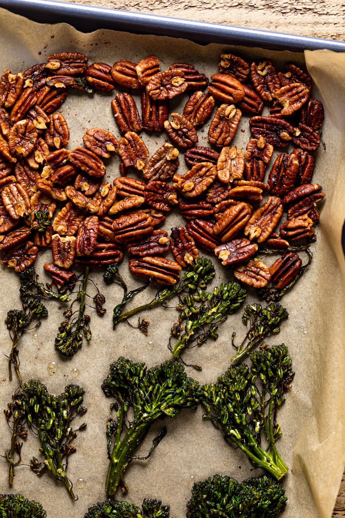 Sheet pan of walnuts and broccolini 