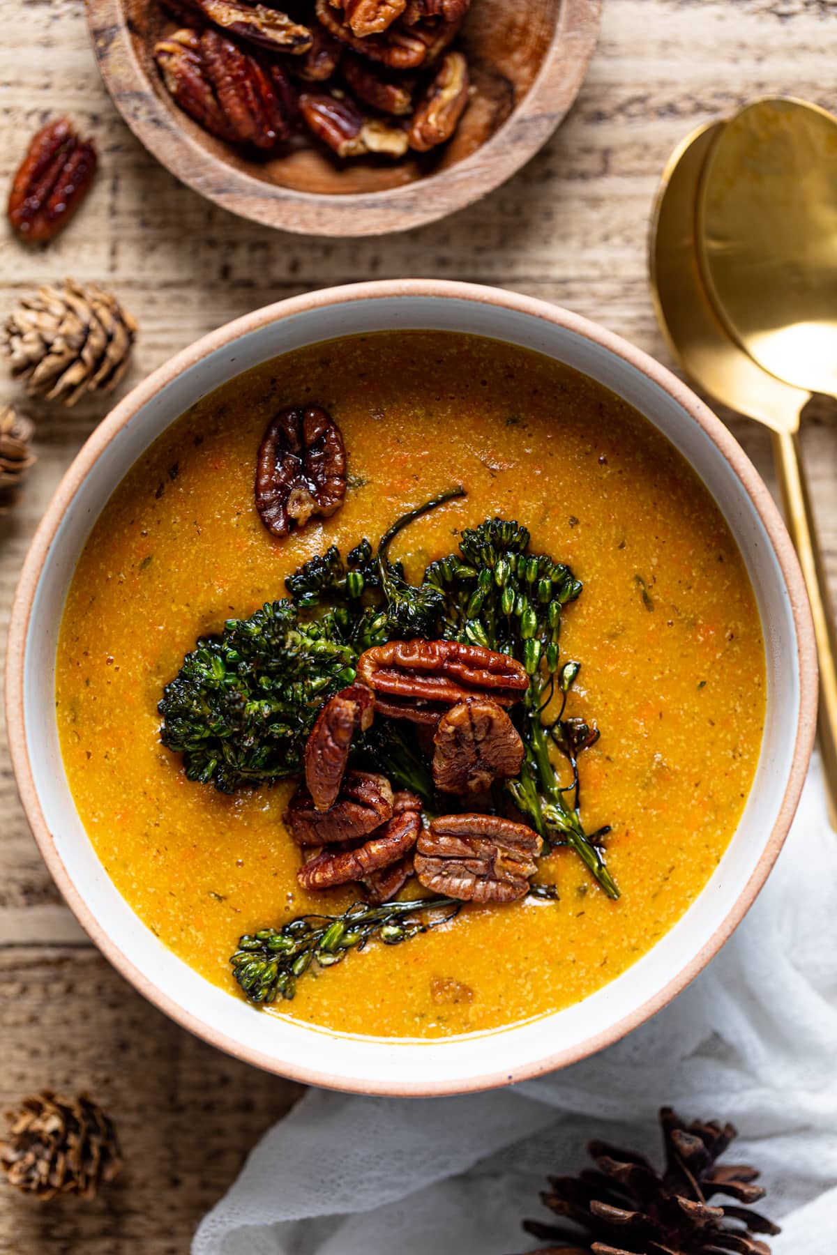 Closeup of a bowl of plant-based Cheddar Carrot Apple Soup