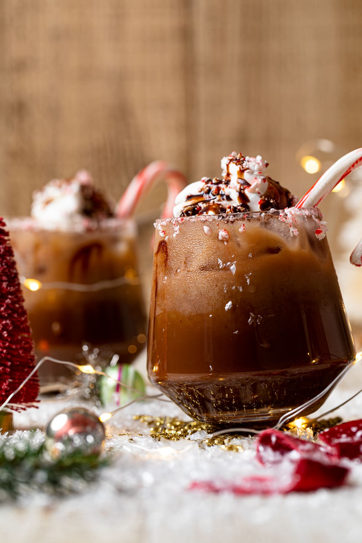 Chocolate Christmas Mocktails on a table with Christmas decorations