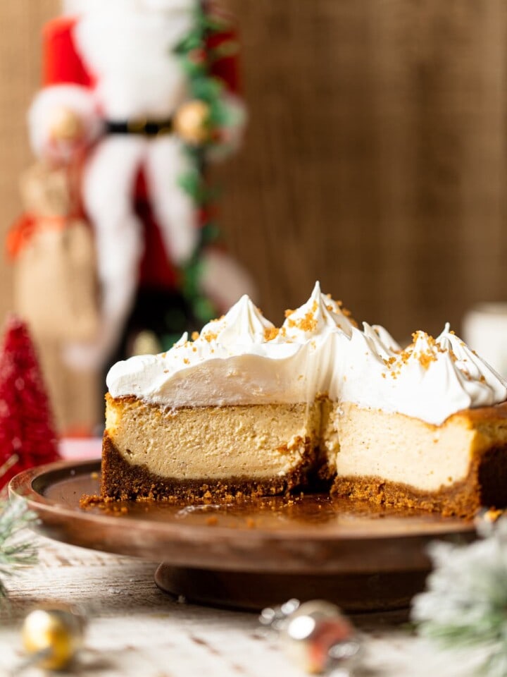 Eggnog Cheesecake with Snickerdoodle Crust missing some slices