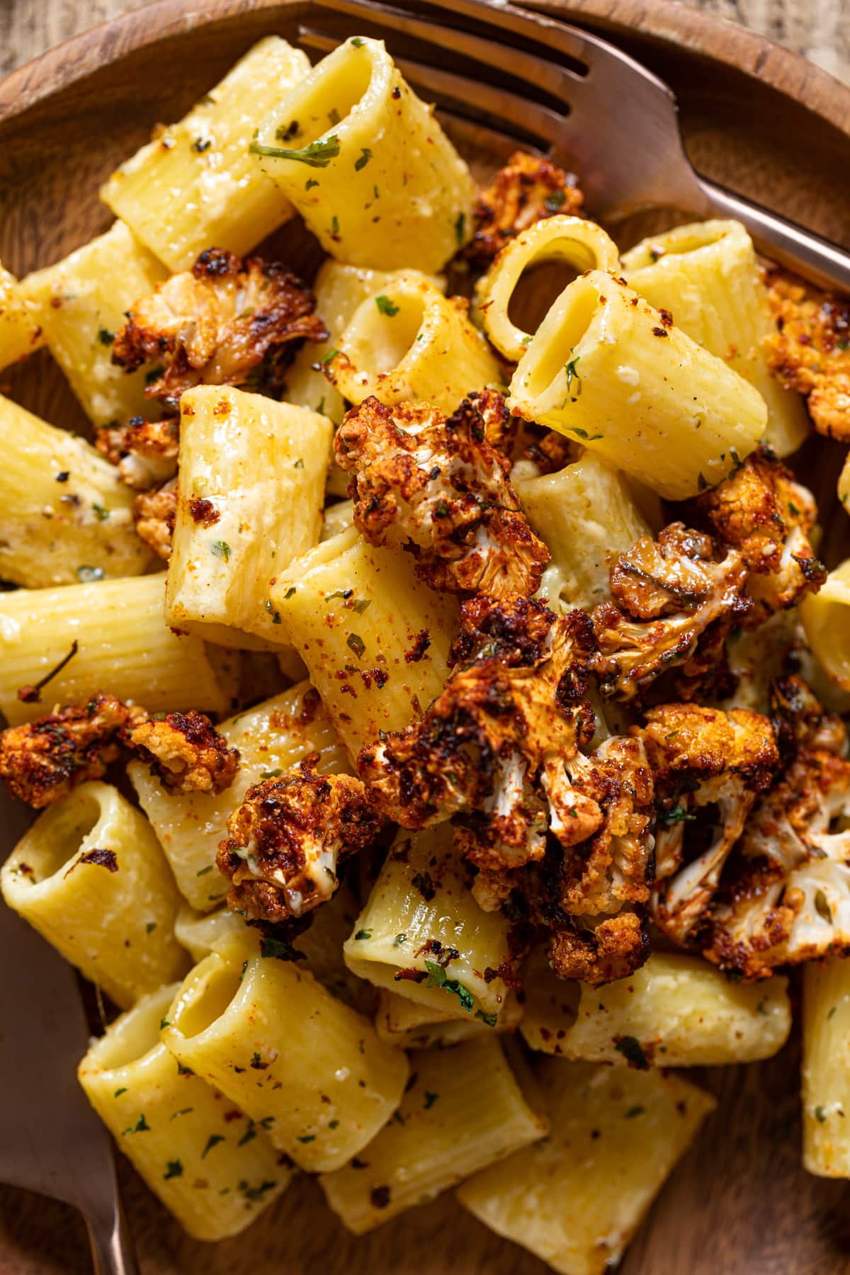 Closeup of Creamy Garlic Butter Pasta with Roasted cauliflower