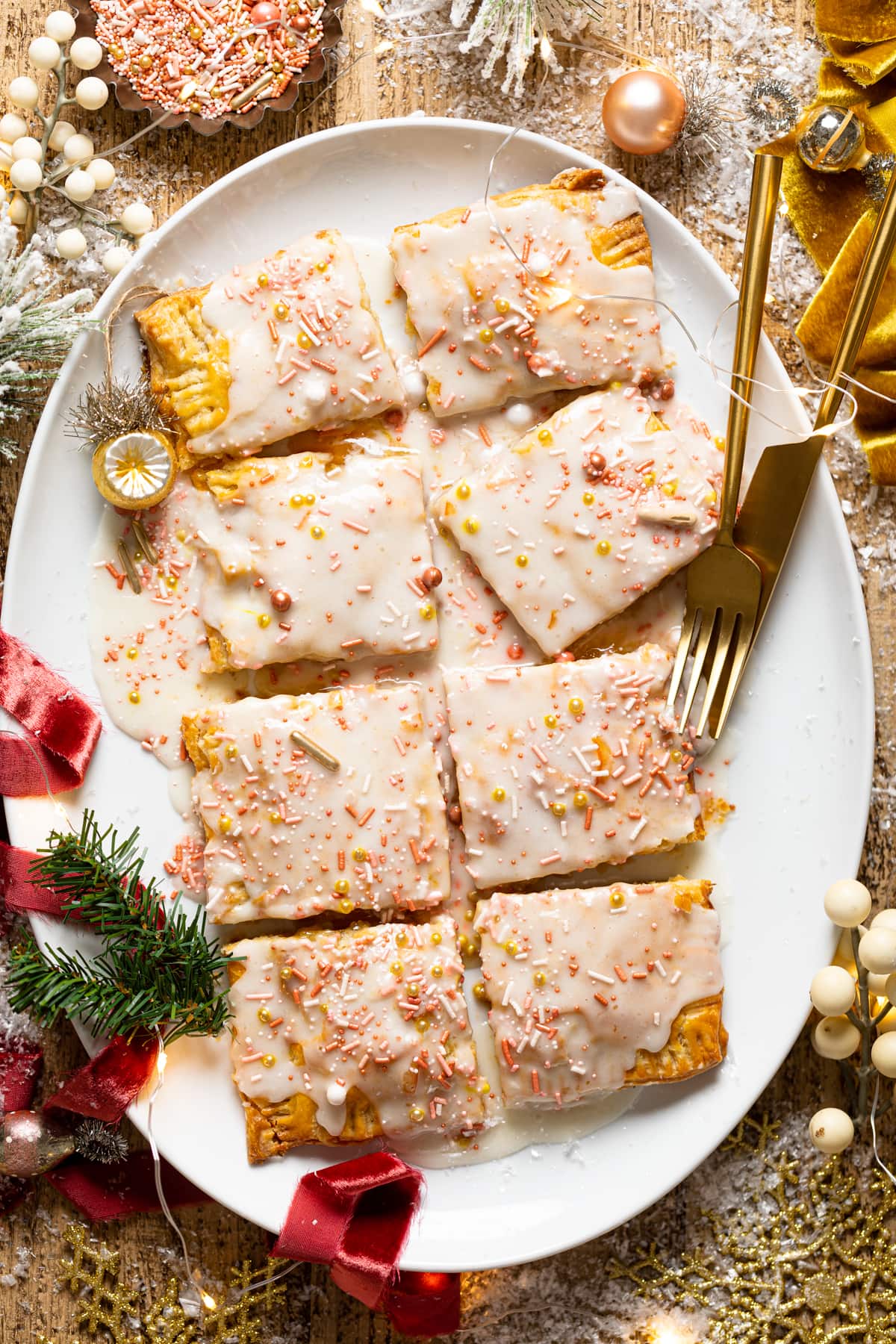 Overhead shot of a sliced Giant Orange Marmalade Pop Tart on a serving platter