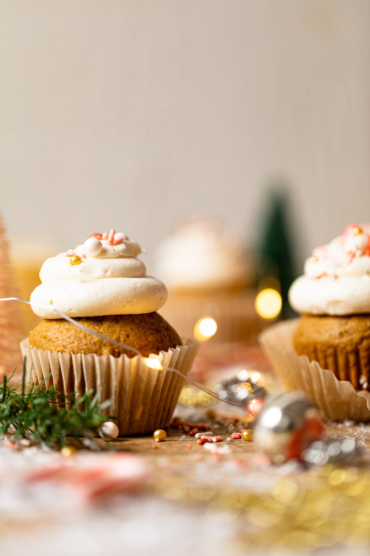 Gingerbread Cupcakes piled high with Eggnog Frosting