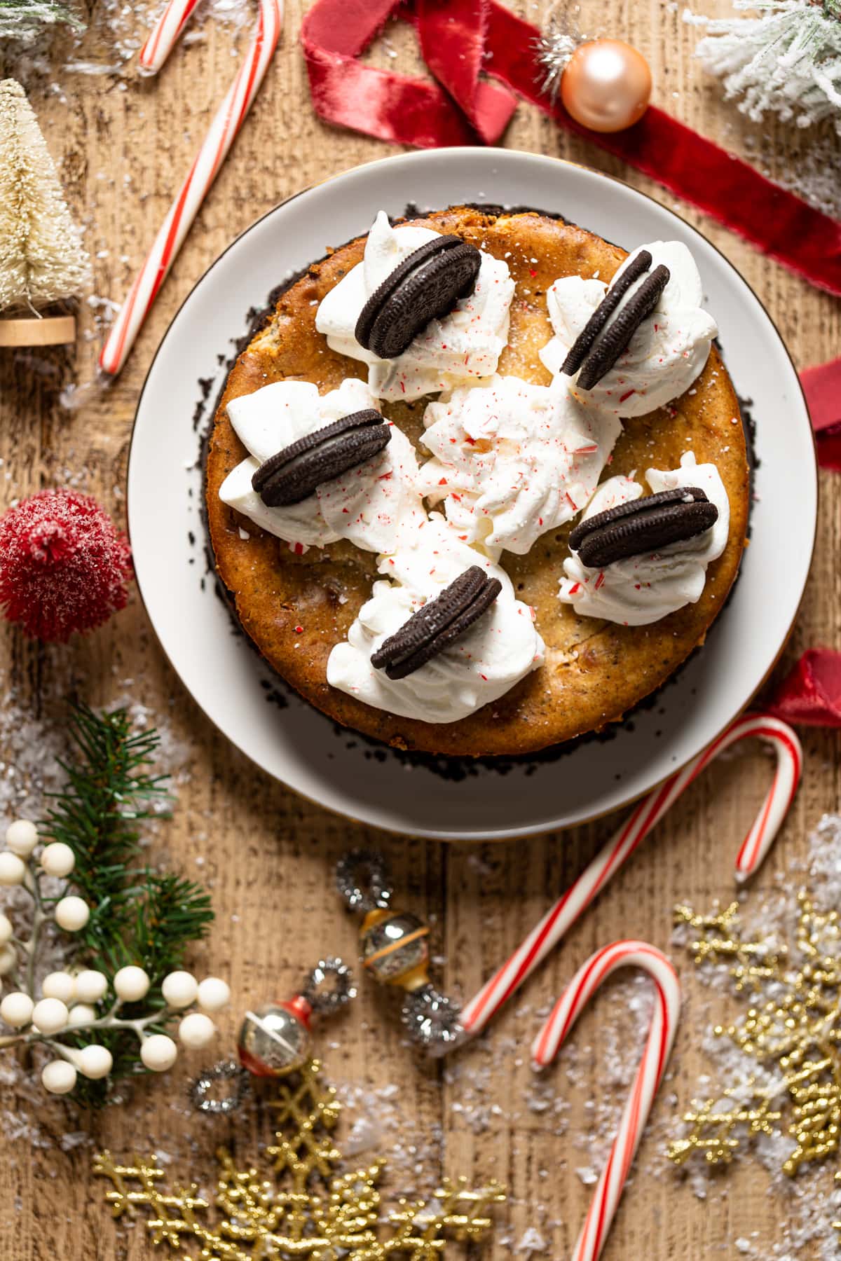 Overhead shot of Peppermint Oreo Cheesecake