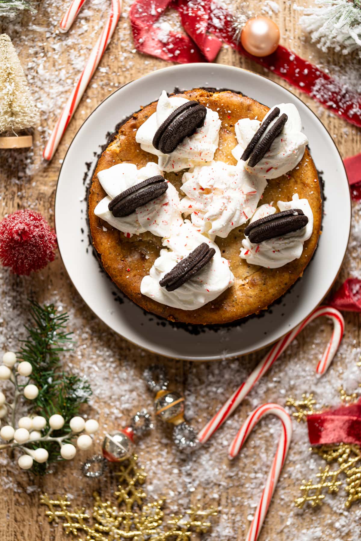 Overhead shot of Peppermint Oreo Cheesecake