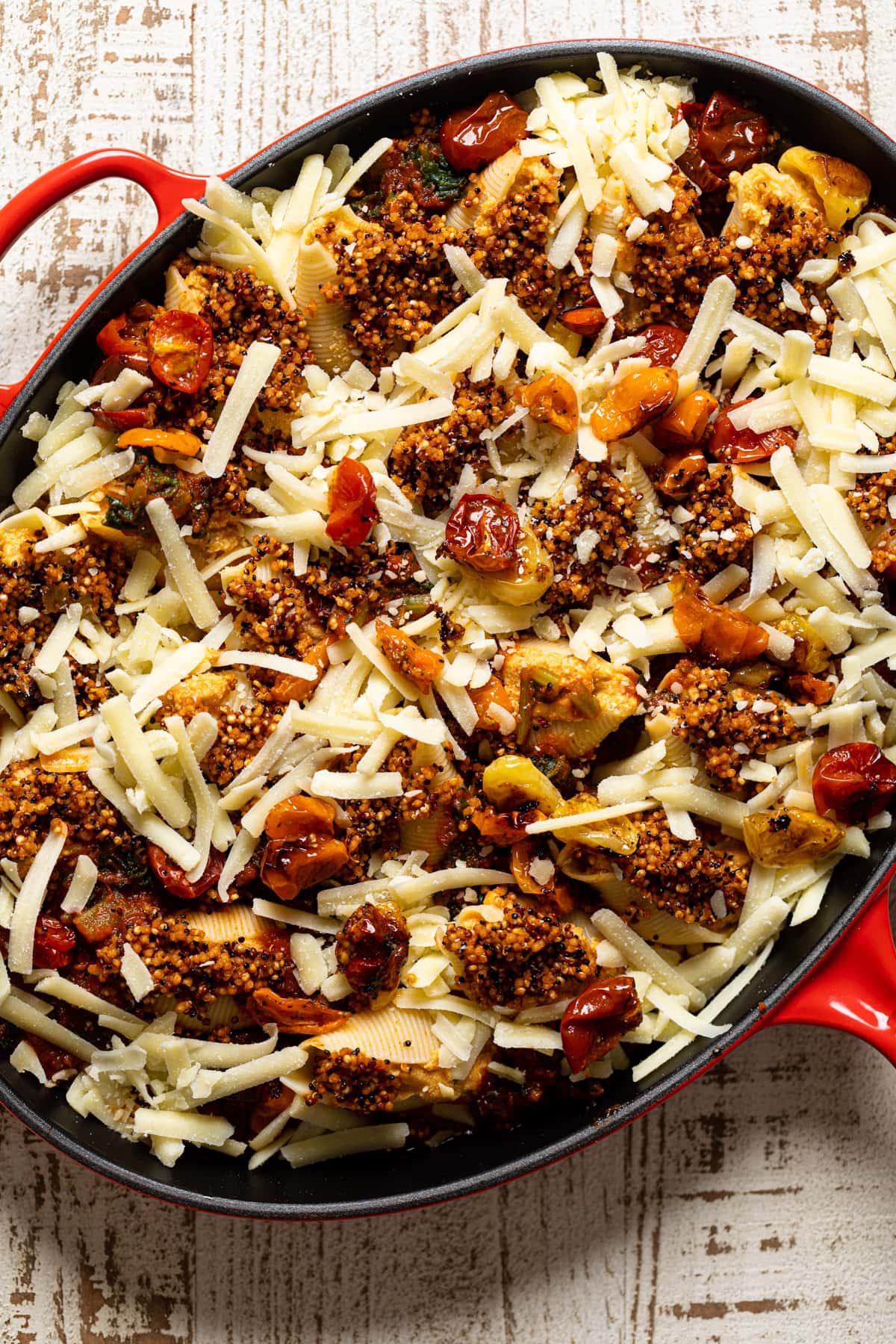 Assembled but unbaked Butternut Squash Stuffed Shells with Quinoa and Kale