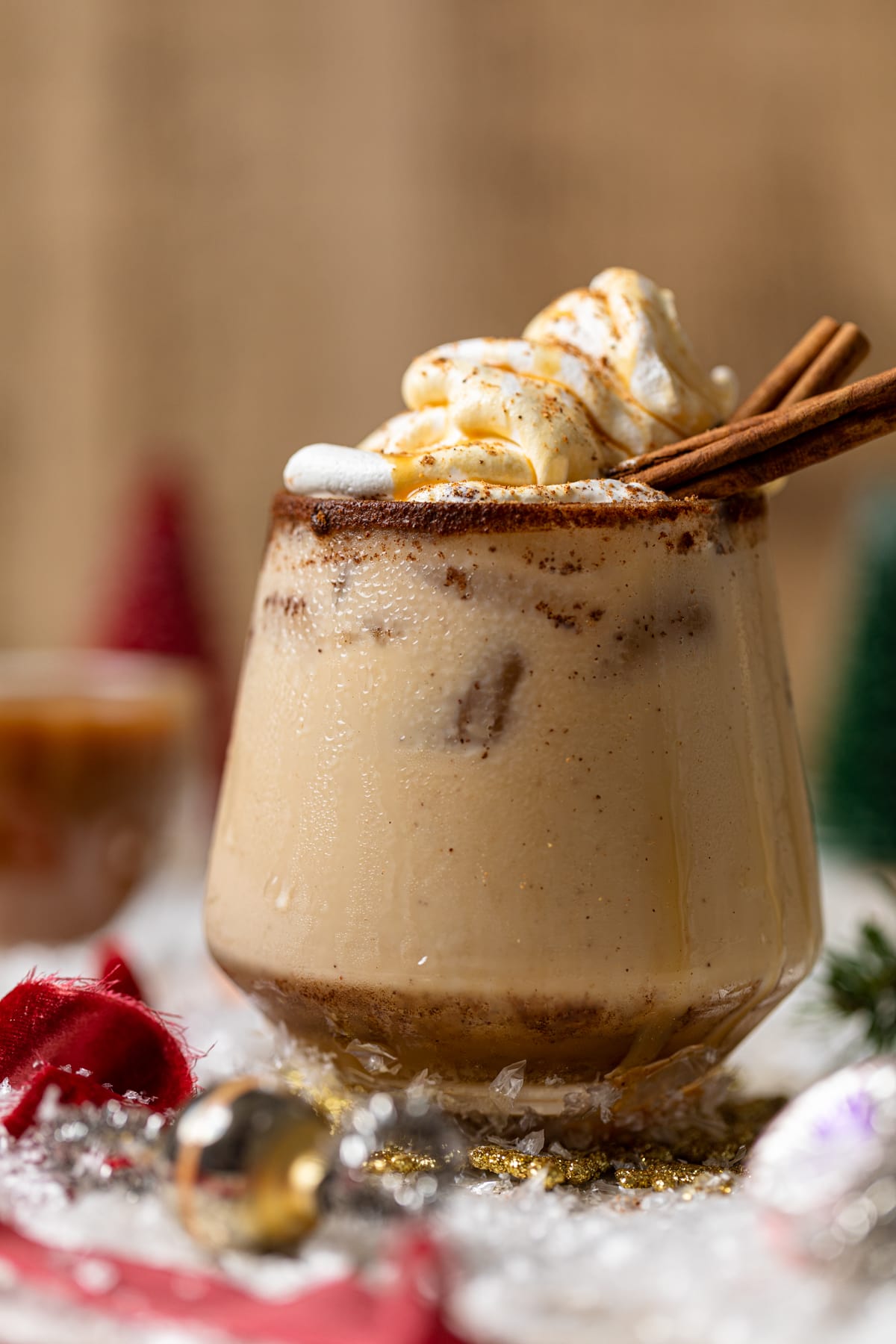 Vegan Caramel Eggnog Mocktail in a small glass