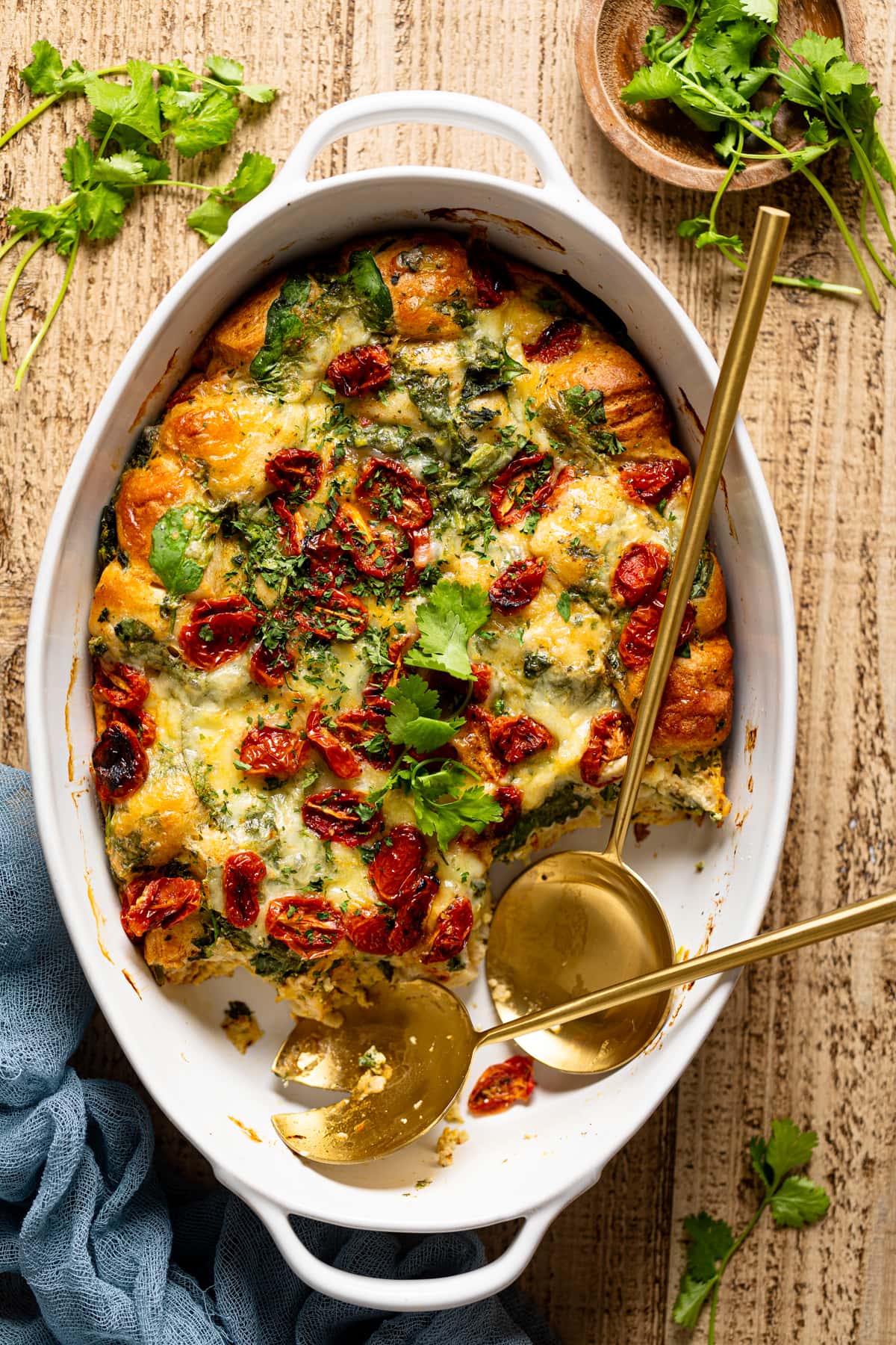 Overhead shot of a partially-served Veggie Breakfast Strata 