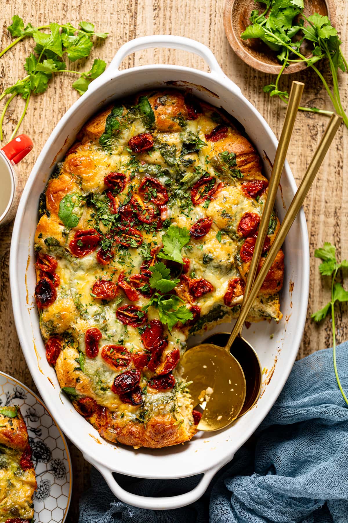 Pan of Veggie Breakfast Strata missing a piece