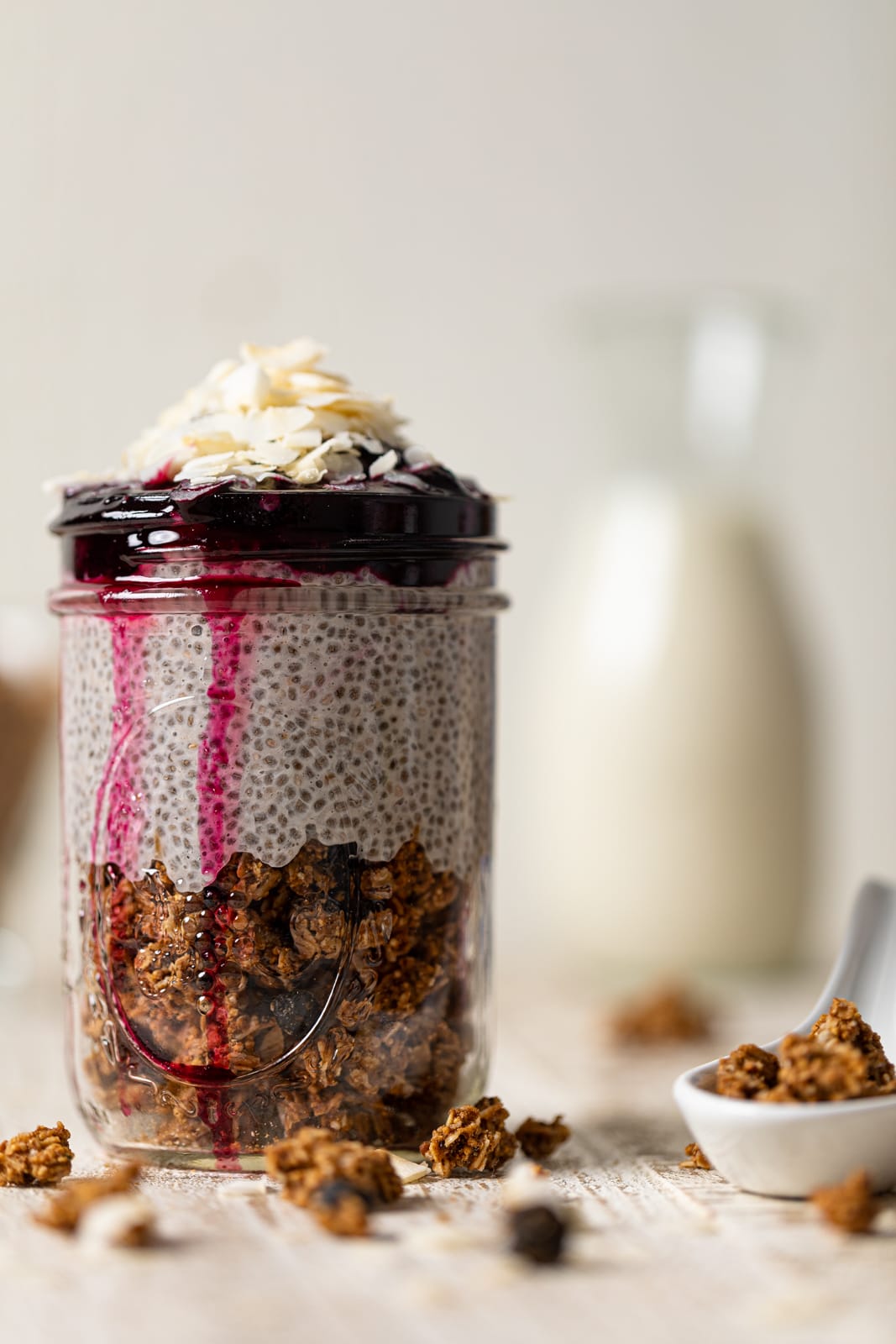 Jar of blueberry coconut chia pudding