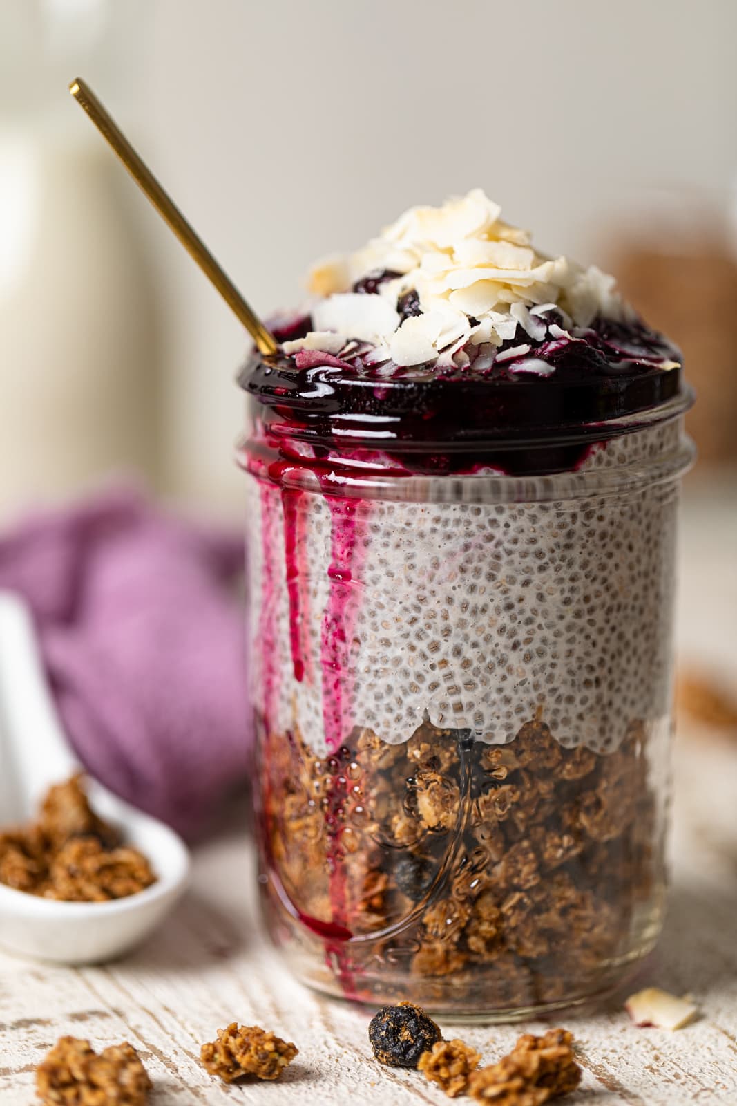 Jar of blueberry coconut chia pudding