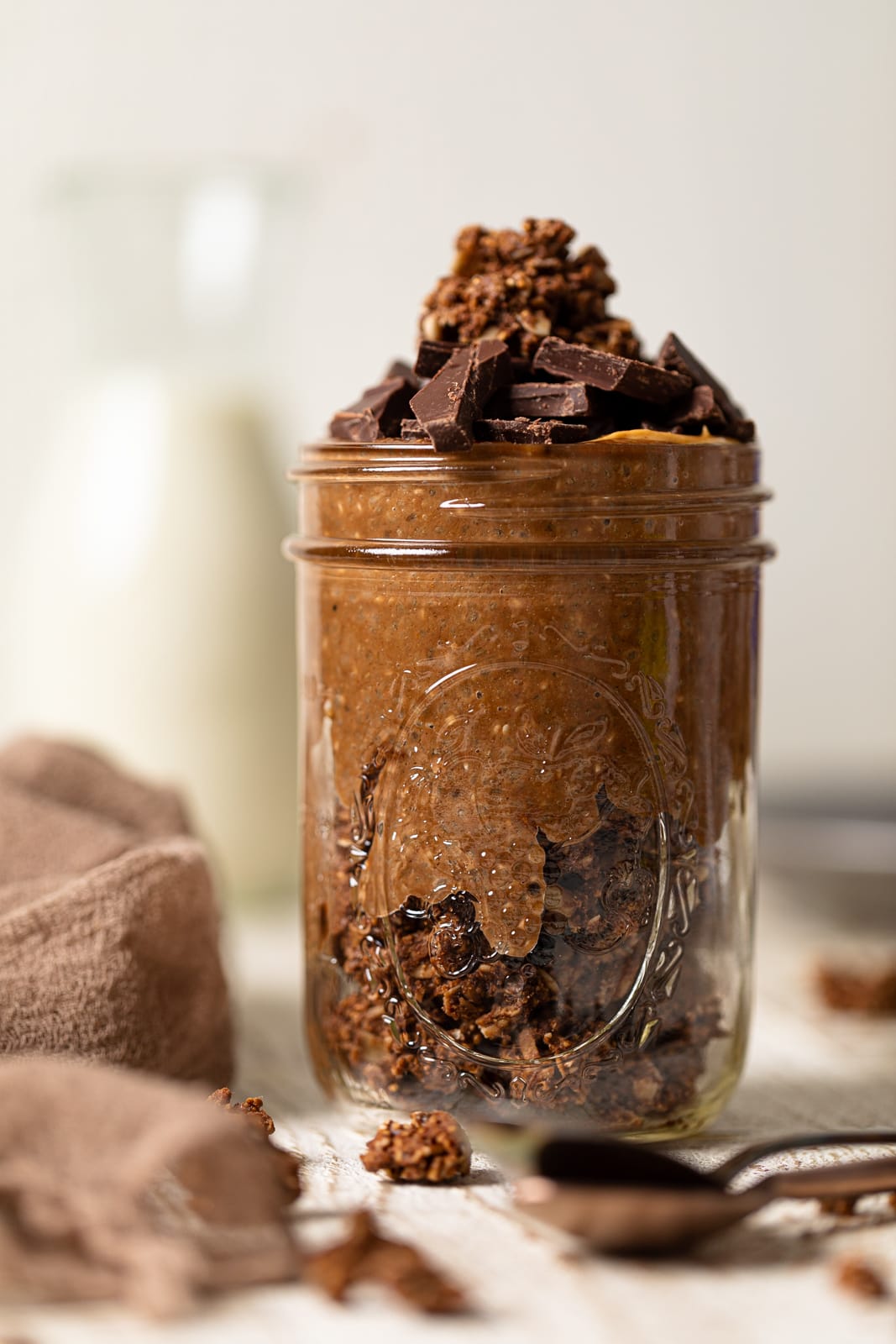 Jar of peanut butter chocolate chia pudding