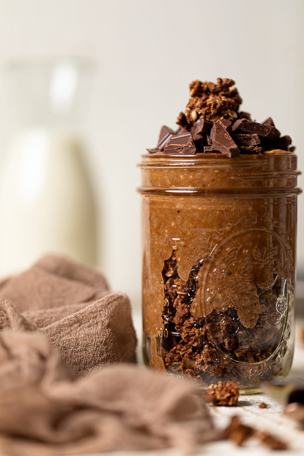 Jar of peanut butter chocolate chia pudding