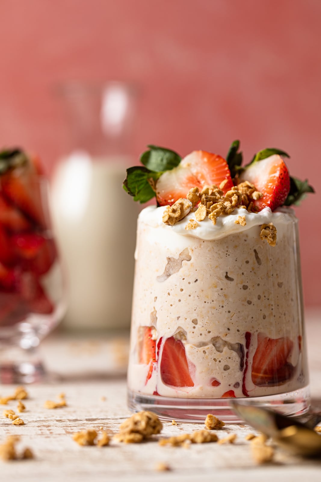 Small glass of strawberry shortcake overnight oats