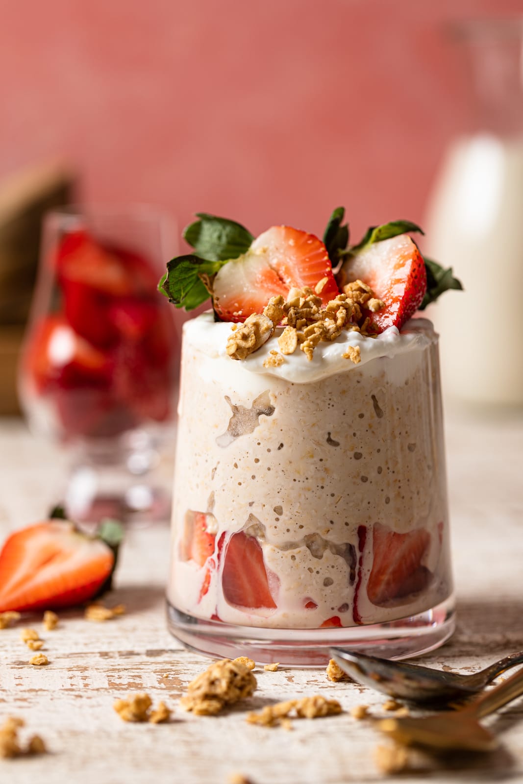 Small glass of strawberry shortcake overnight oats