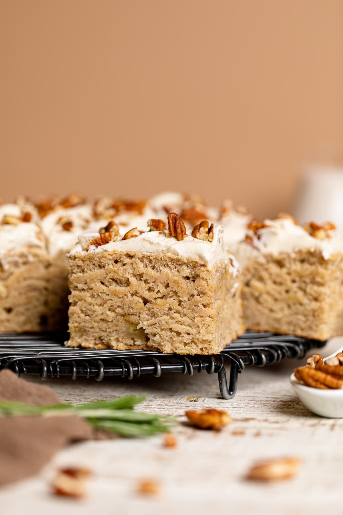 Pieces of Banana Vegan Cake on a wire serving platter